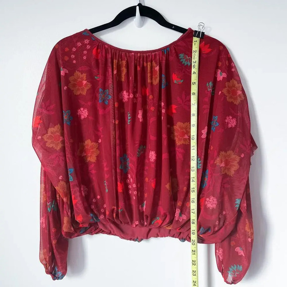 Free People Wildflower Honey Floral Flounce Top XS Red Berry Sheer Mesh - Picture 8 of 11